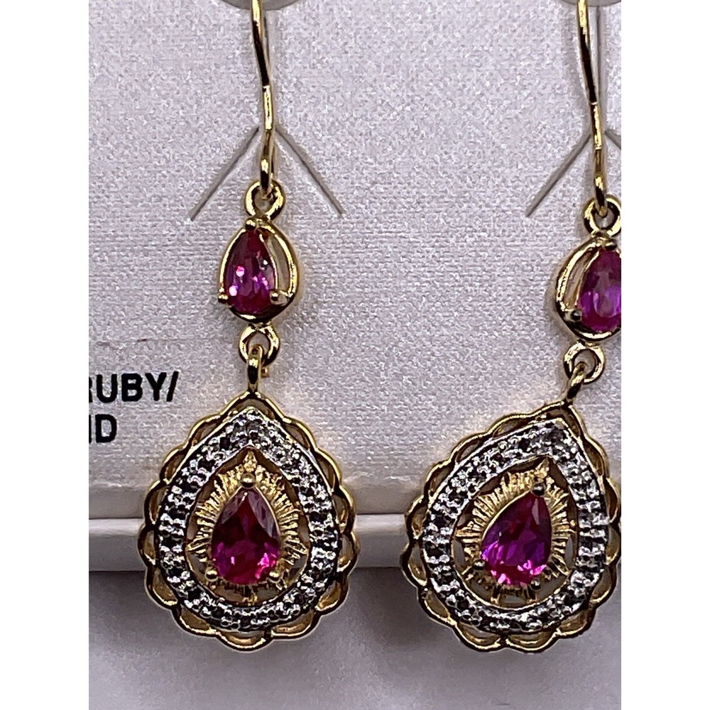 Diamond Accent Created Ruby 18kt Gold Over Brass Dangle Earrings - Picture 3 of 6